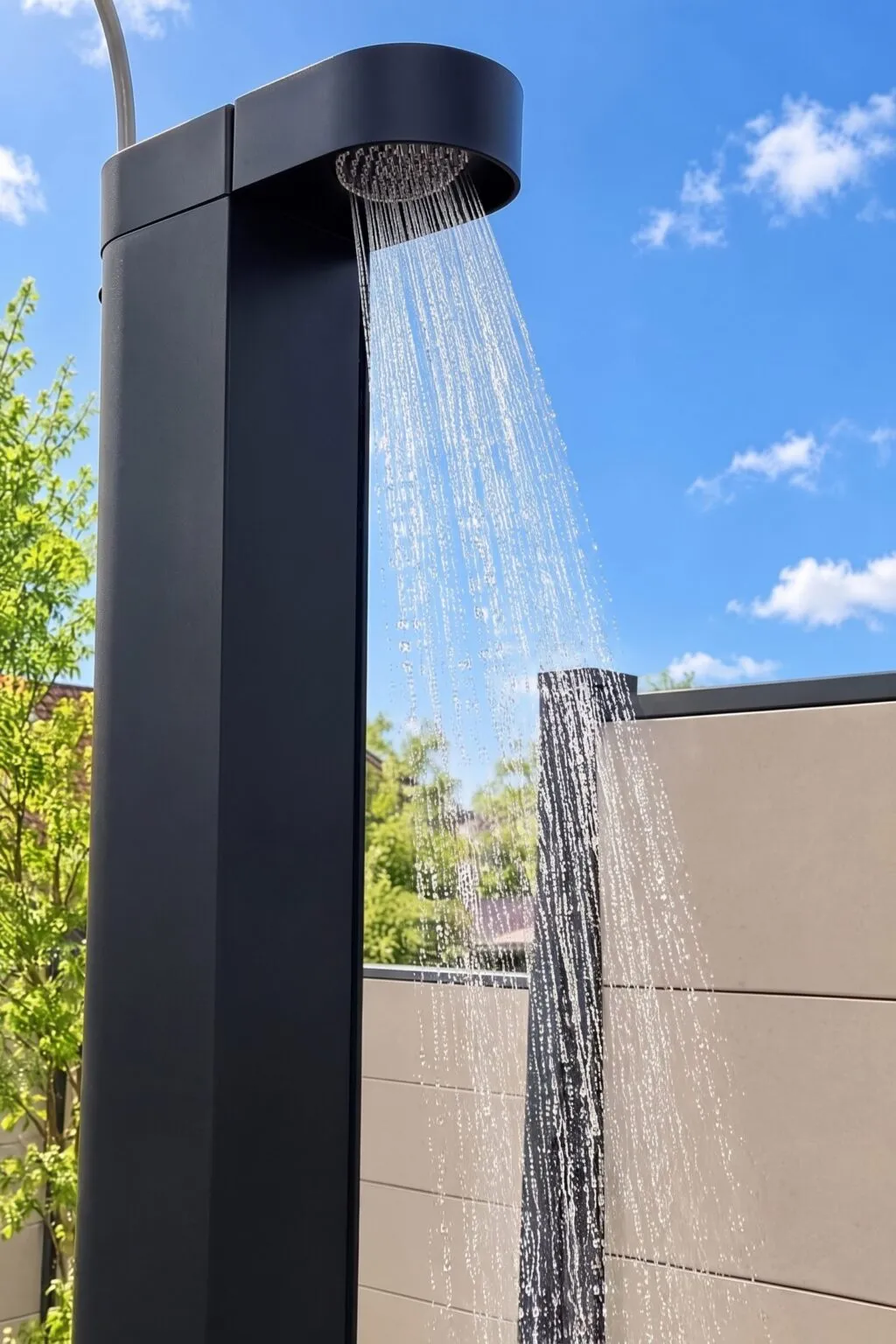 Gartendusche mit matt anthrazitfarbener Säule und laufendem Wasserstrahl vor hellen Sichtschutzelementen an einem sonnigen Frühlingstag