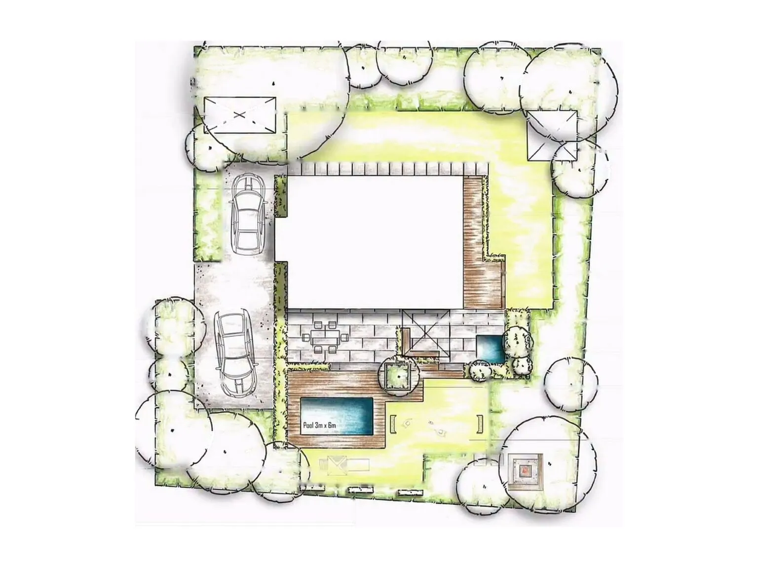 Gartenplan in der Draufsicht mit Pool von 3 mal 6 Metern, Holzdeck und Terrasse