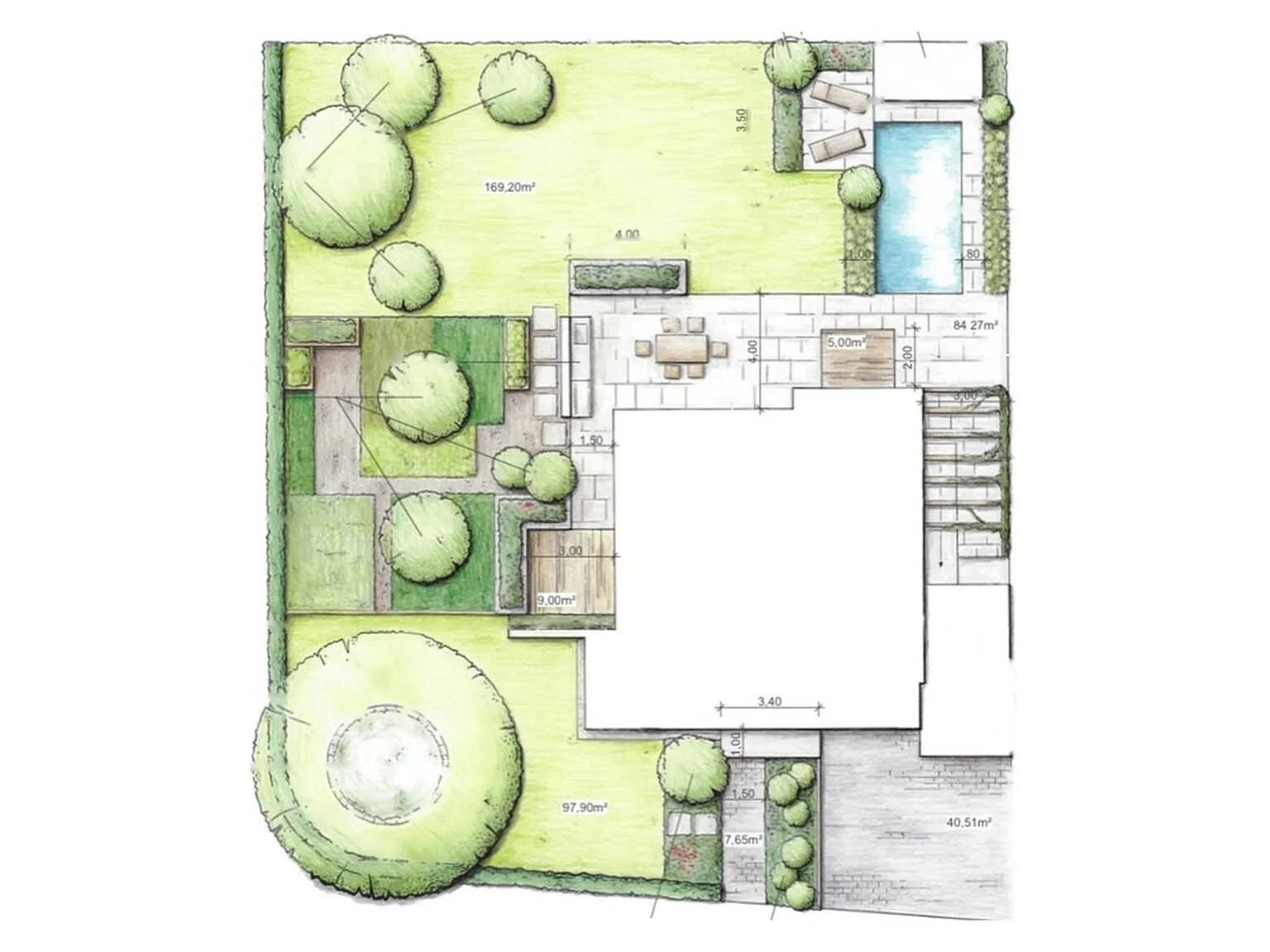 Gartenplan in der Draufsicht mit Pool von 6 mal 3 Metern, Poolhaus und Gemüsegarten