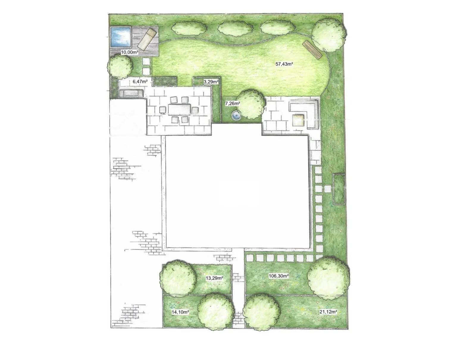 Gartenplan in der Draufsicht mit Whirlpool auf dem Holzdeck, Terrasse und Wasserspiel