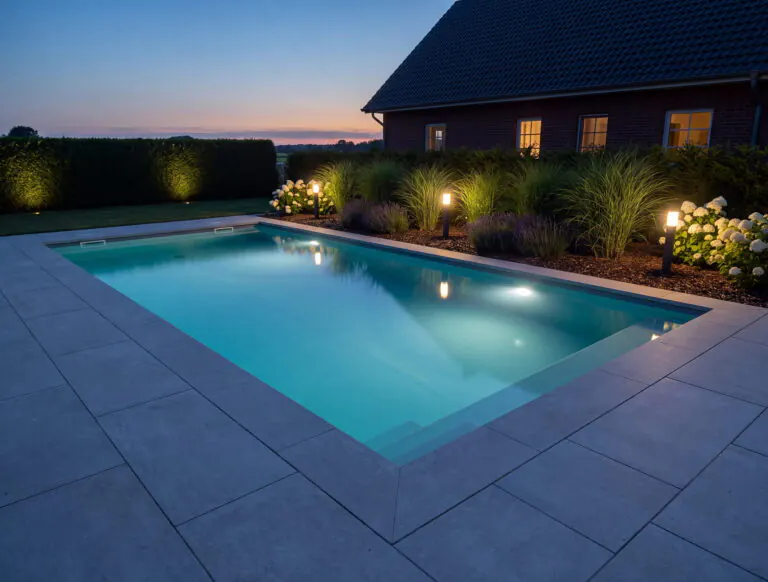 Beleuchteter Pool in der blauen Stunde mit Pollerleuchten, angestrahlter Hecke, Gräsern und Hortensien, im Hintergrund ein Wohnhaus mit warm erleuchteten Fenstern