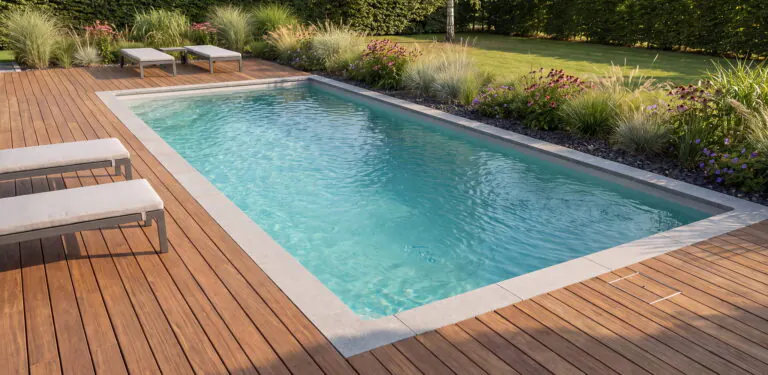 Rechteckiger Pool mit breitem Holzdeck, einem Band aus Ziergräsern und Stauden sowie zwei Liegen im Abendlicht