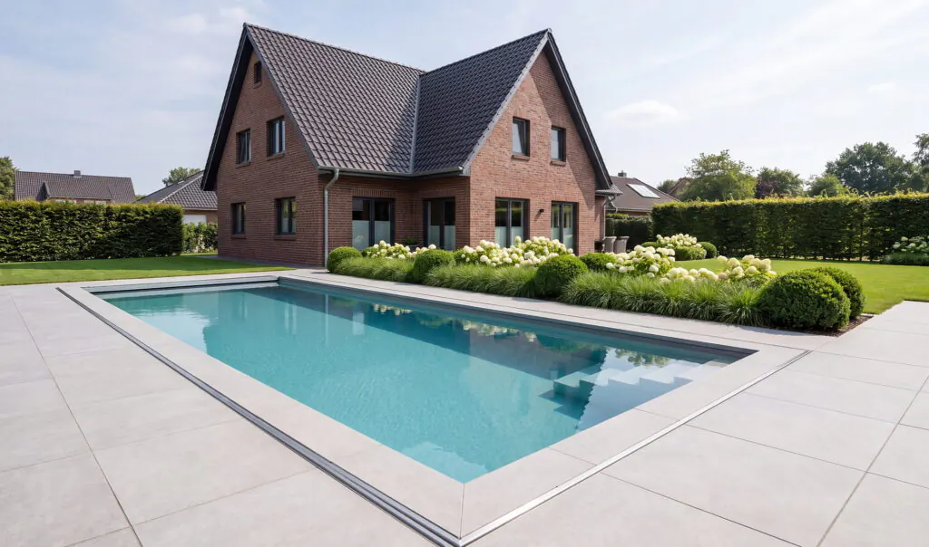 Rechteckiger Pool mit großformatigen hellen Keramikplatten und Überlaufrinne vor einem Klinkerhaus mit Satteldach, seitlich Hortensien und Hainbuchenhecke