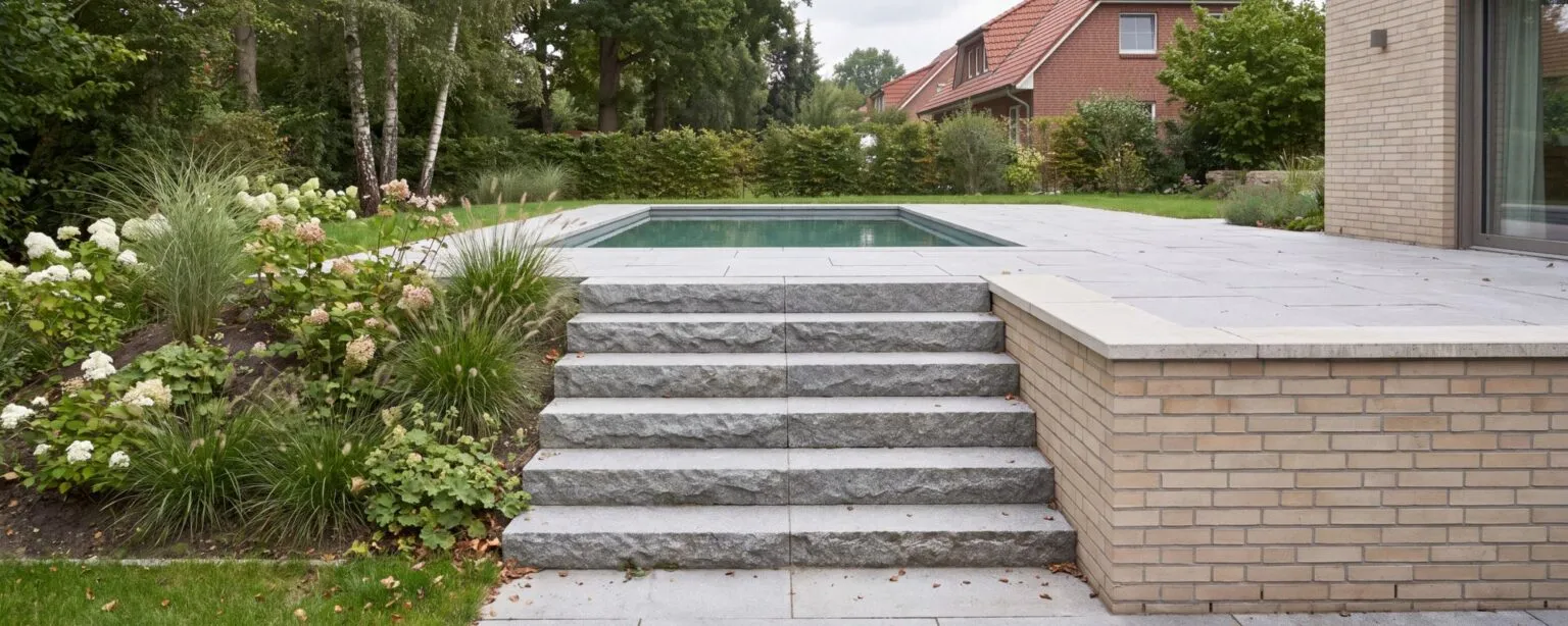 Granit-Blockstufen führen zwischen einer bepflanzten Böschung mit Hortensien und Gräsern und einer sandbeigen Klinkermauer hinauf auf die Poolterrasse, dahinter Birken, Hecke und ein Klinkerhaus