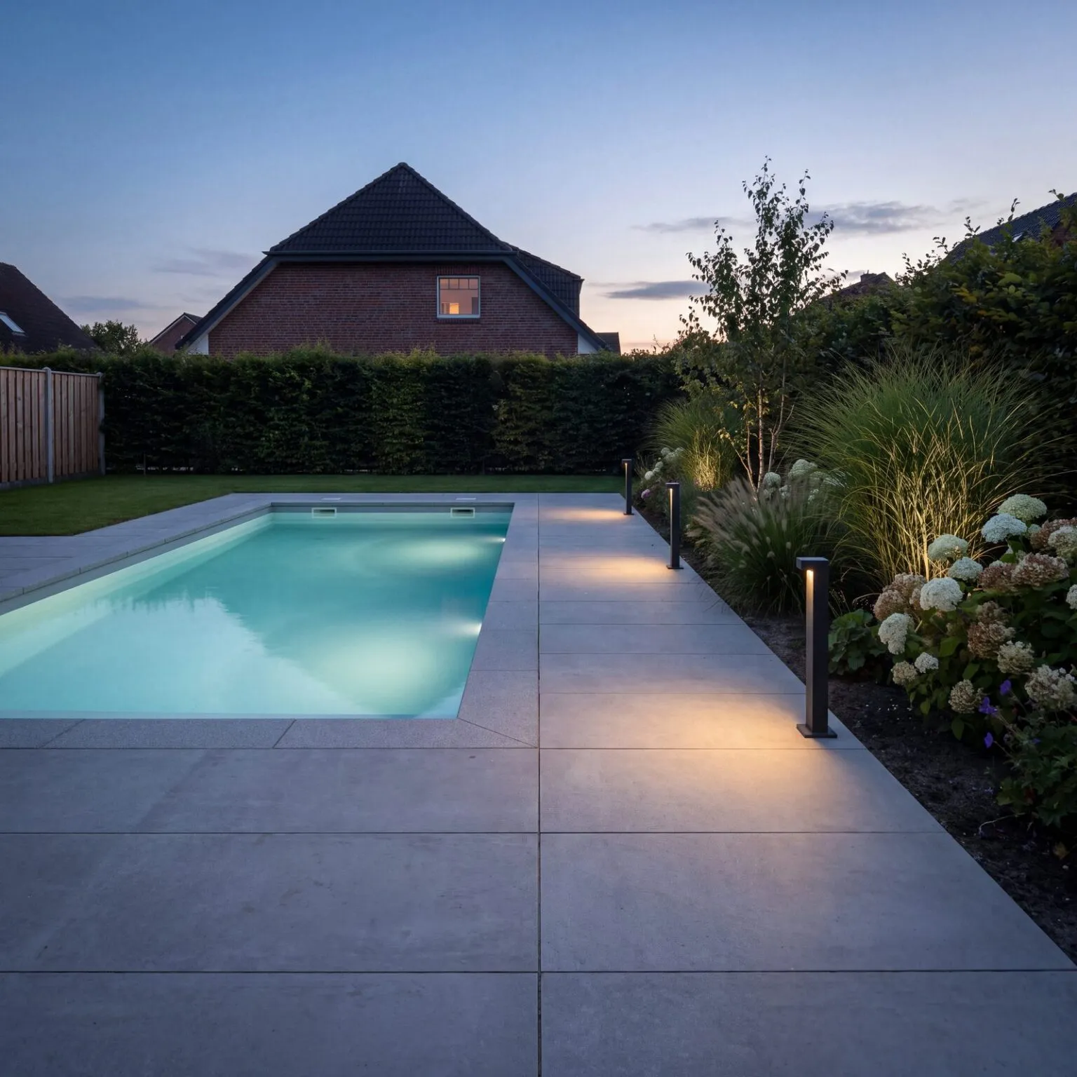 Poolterrasse aus hellen Platten in der blauen Stunde, Pollerleuchten am Weg und angestrahlte Gräser im Beet, dahinter Hainbuchenhecke und Klinkerhaus