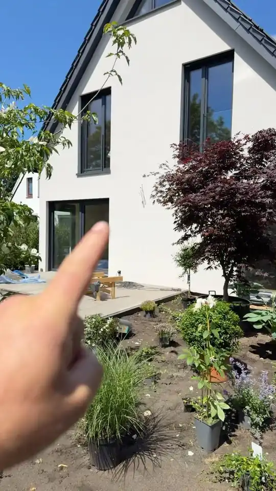 Frisch bepflanzter Vorgarten mit Gräsern und Stauden vor einem weißen Wohnhaus
