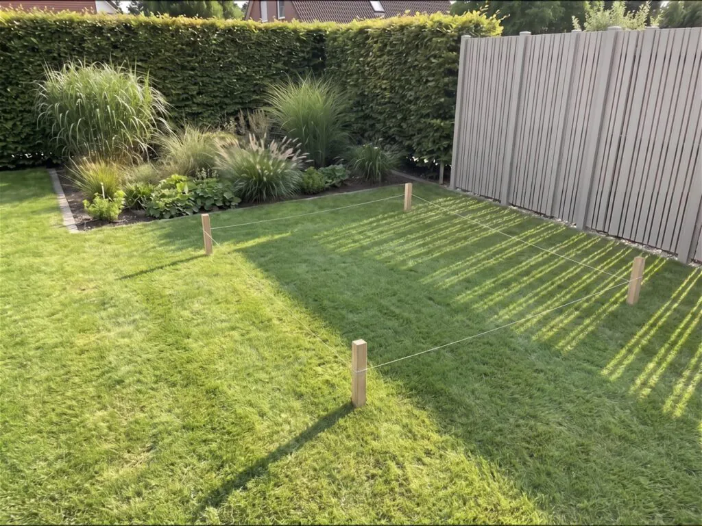 Mit Holzpflöcken und gespannter Schnur abgesteckte Grube im Rasen, an jeder Ecke steht ein Pflock, am Morgen
