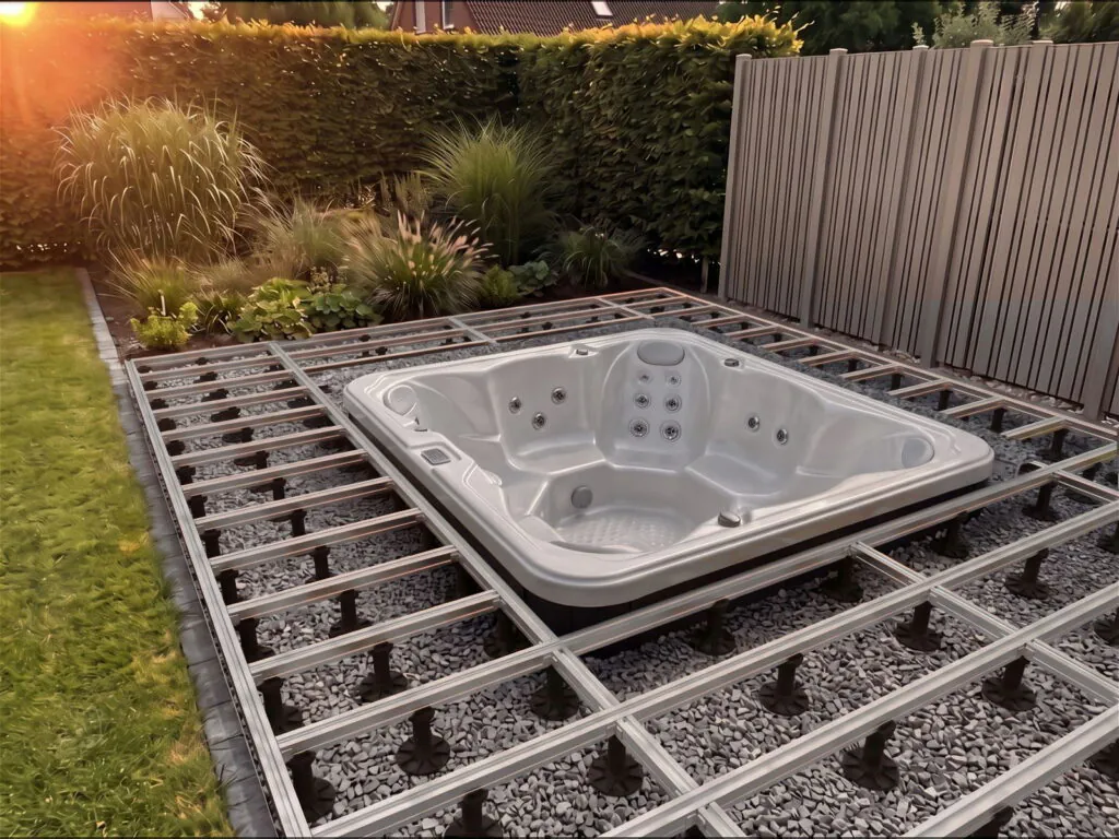 Unterkonstruktion aus Aluminiumprofilen auf Stelzlagern über verdichtetem Schotterbett, mit Wechsel rund um den eingelassenen Whirlpool, in der Abendsonne