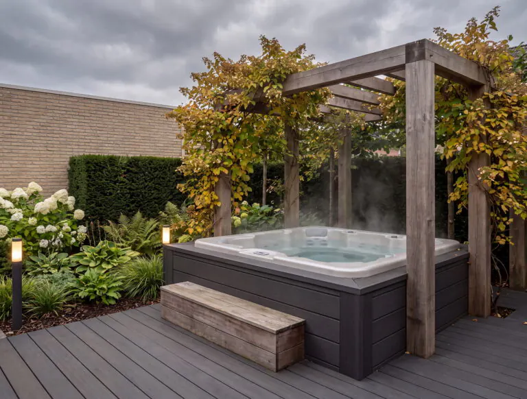 Whirlpool auf einem anthrazitfarbenen Deck unter einer Pergola aus Eichenholz mit Kletterhortensie, daneben Hortensien, Farne und Funkien